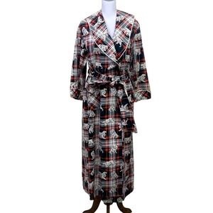 Eileen West vintage 1996 long red flannel plaid robe, Cocker Spaniels, petite